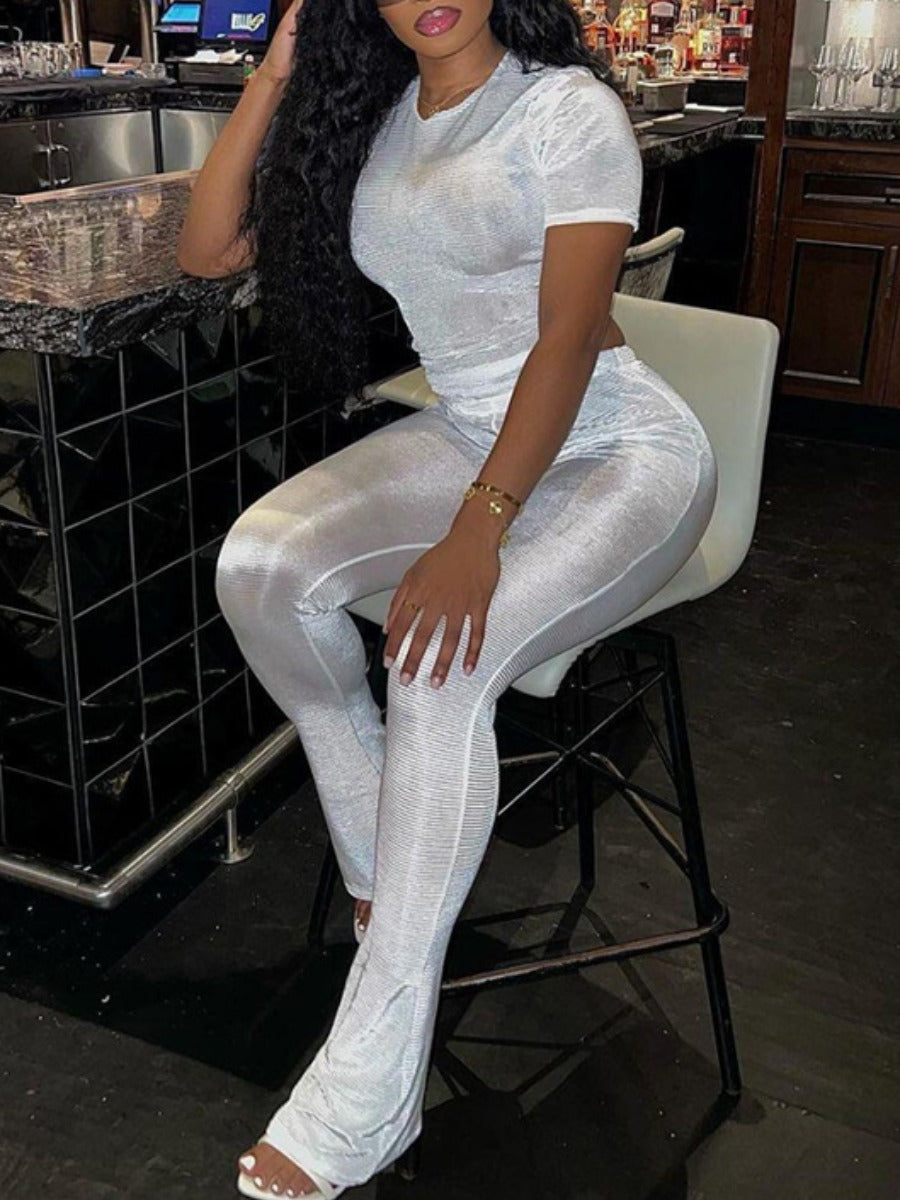 Basics Round Neck Skinny Flared Pants Set Spring Summer Color Short Sleeve Boot Cut Two Pieces Outfit for