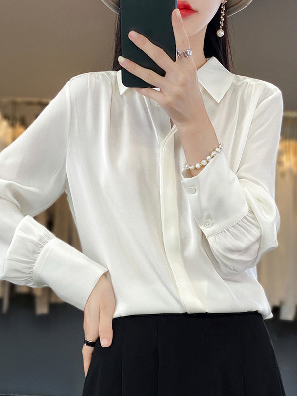 Long Sleeves Loose Buttoned Pleated Color Lapel Blouses&shirts Tops