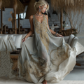 Vintage Marble Texture Collection Retro Bohemia Women Style Gradient Gilded Pattern Linen Maxi Dress elevenforest