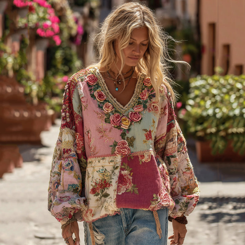 Women's Vintage Bohemian Floral And Rose Patchwork Linen V Neck Shirt elevenforest