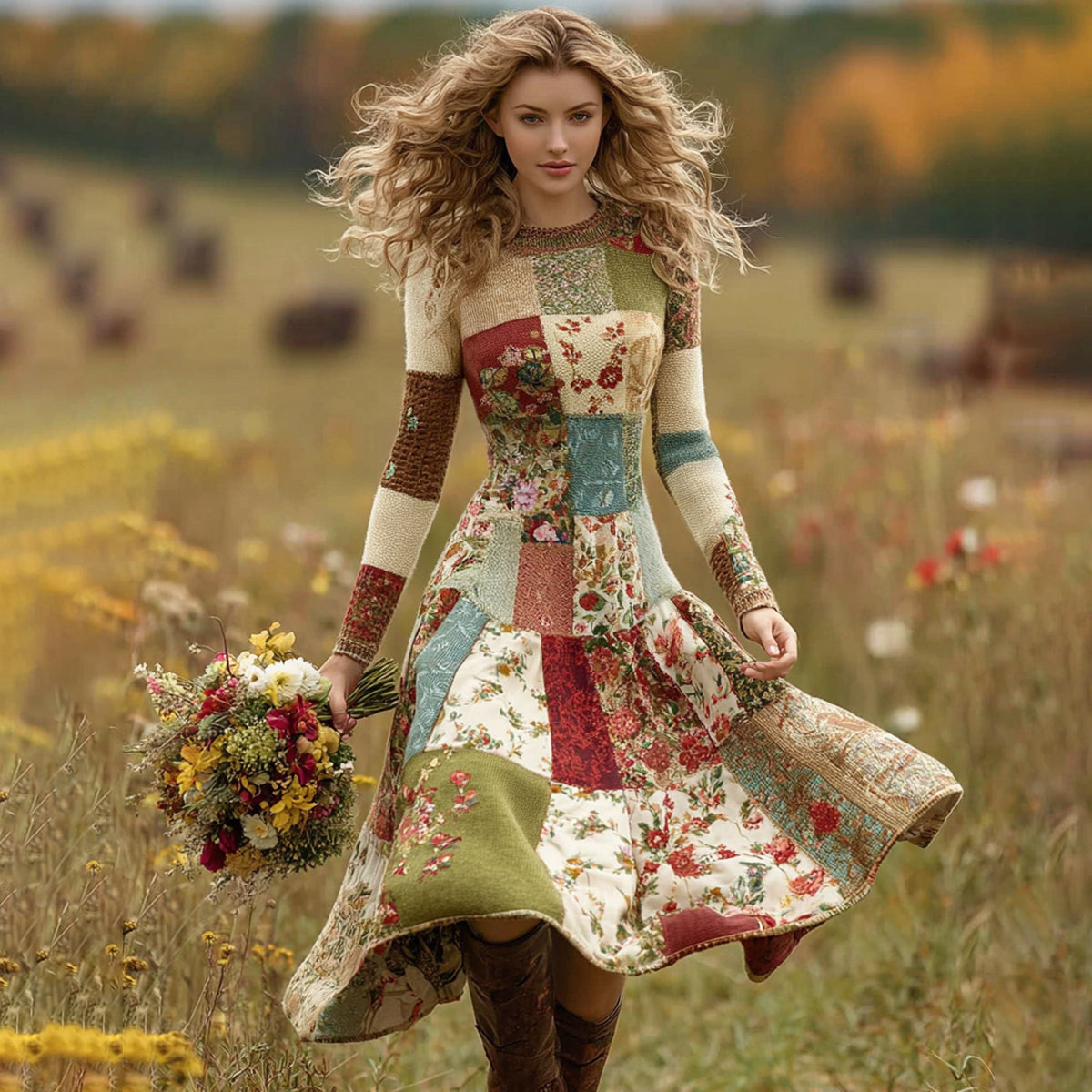 Women's Patchwork Floral Art Cozy Knit Maxi Sweater Dress elevenforest