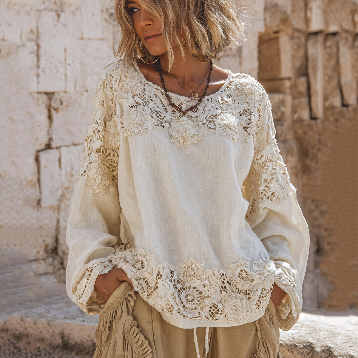 Women's Vintage Floral Lace Embroidered Art Linen T-shirt elevenforest