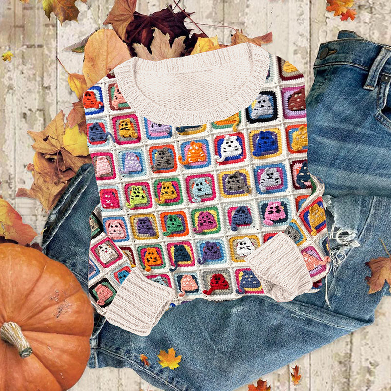 Vintage Cute Cats Knitting Patchwork Art Cozy Sweater artswardrobe