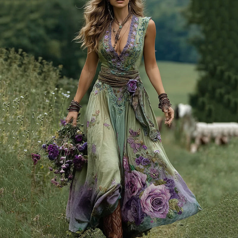 Vintage Purple Floral V Neck Sleeveless Maxi Dress elevenforest