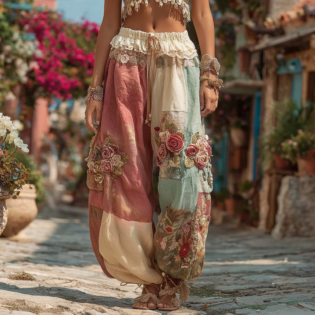 Women's Bohemian Floral Embroidery Patchwork Art Linen Blend Pants elevenforest
