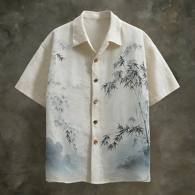 Men's Japanese-style Tie-dye Bamboo Pattern Linen Short-sleeved Shirt elevenforest