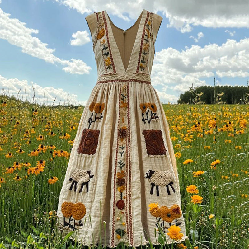 Women's Vintage Floral Sheep Art Embroidery Maxi Dress elevenforest