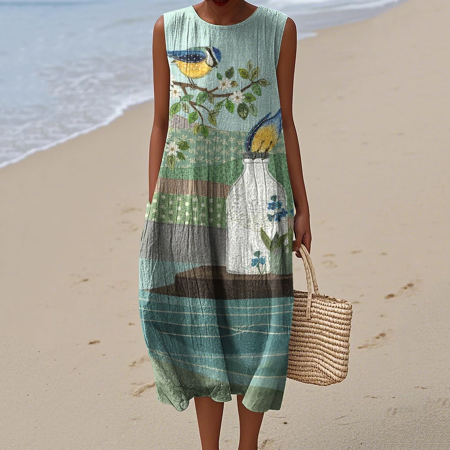 Women's Flower And Bird Art Round Neck Tank Midi Dress elevenforest
