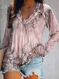 Women's Simple Floral Art Print Casual V-Neck Long Sleeve Top