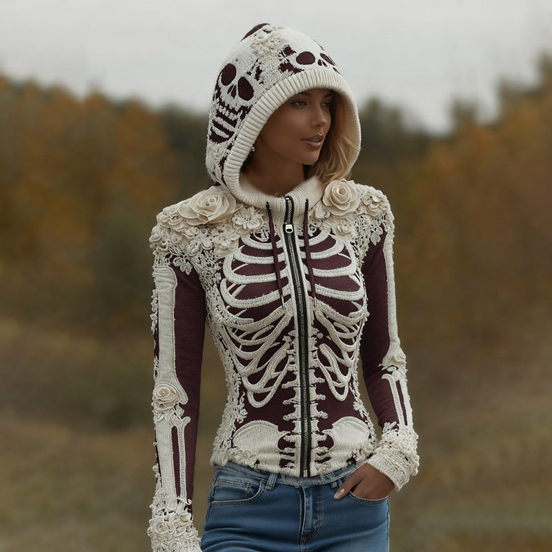 Women's Halloween Skeleton Bones With Roses Art Knitted Warm Zipper Hooded Sweater artswardrobe