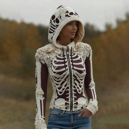 Women's Halloween Skeleton Bones With Roses Art Knitted Warm Zipper Hooded Sweater artswardrobe