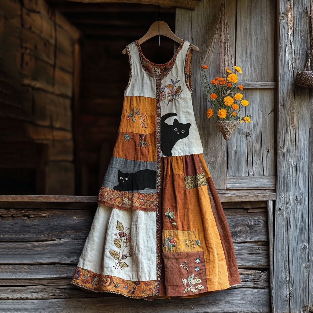 Vintage Black Cat And Floral Linen Tank Dress elevenforest