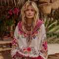 Women's Bohemian Floral Embroidery Art Casual Cotton Linen Hoodie elevenforest