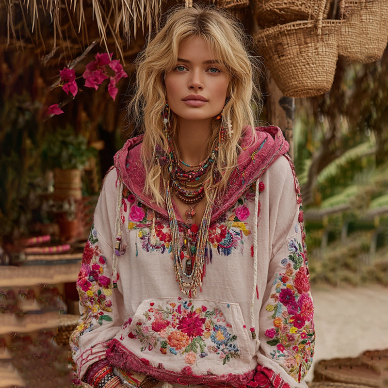 Women's Bohemian Floral Embroidery Art Casual Cotton Linen Hoodie elevenforest