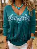 Women's Vintage Western Tassel Drop Shoulder Top elevenforest