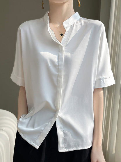 Loose Short Sleeves Buttoned Color Stand Collar Blouses&shirts Tops