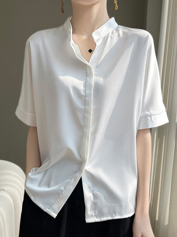 Loose Short Sleeves Buttoned Color Stand Collar Blouses&shirts Tops