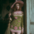 Comstylish Women's Vintage Halloween Rose Pattern Cozy Knit Mini Sweater Dress