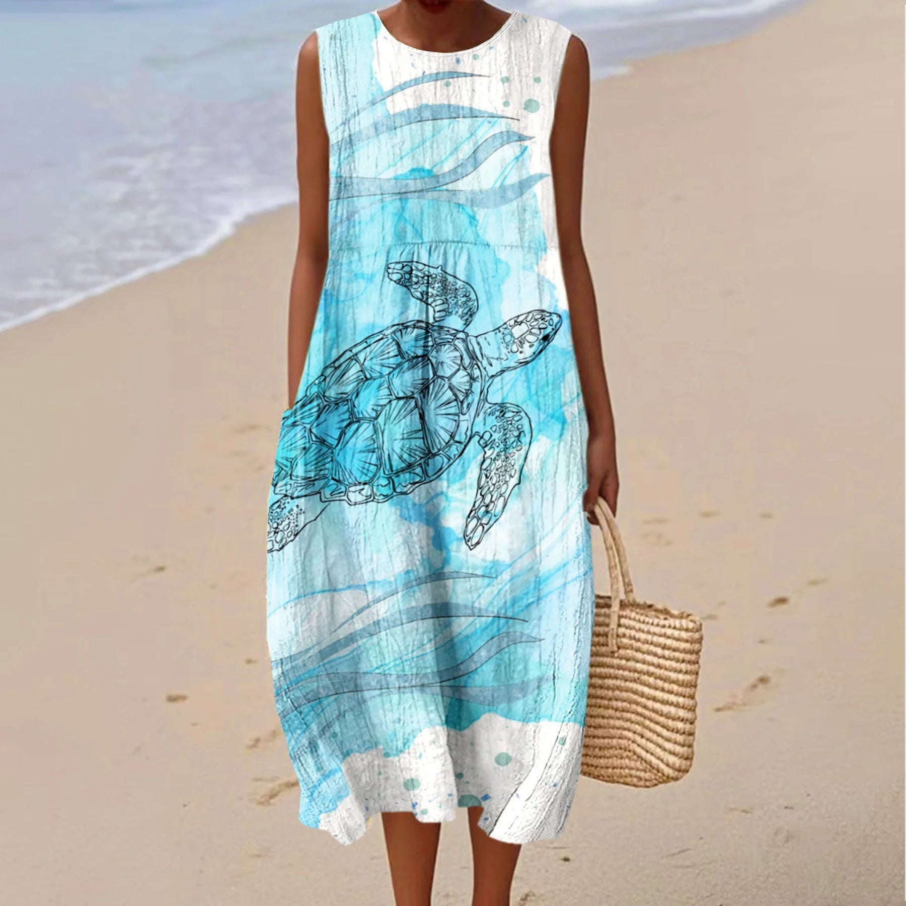 Women's Vintage Sea Turtles Art Print Cotton Casual Dress elevenforest