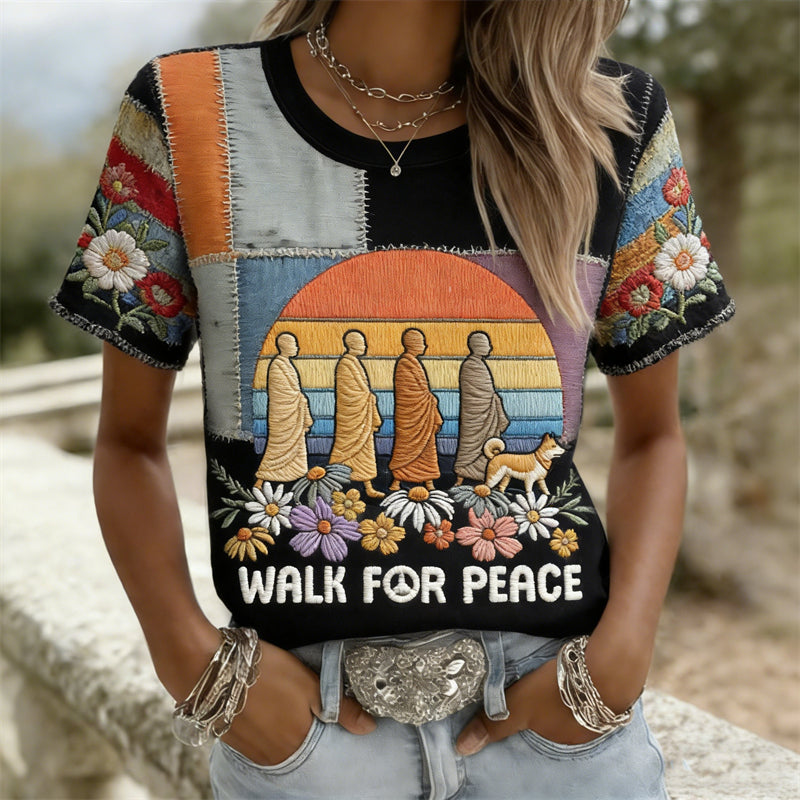 Comstylish Walk For Peace Aloka & Monks Floral Patchwork T Shirt