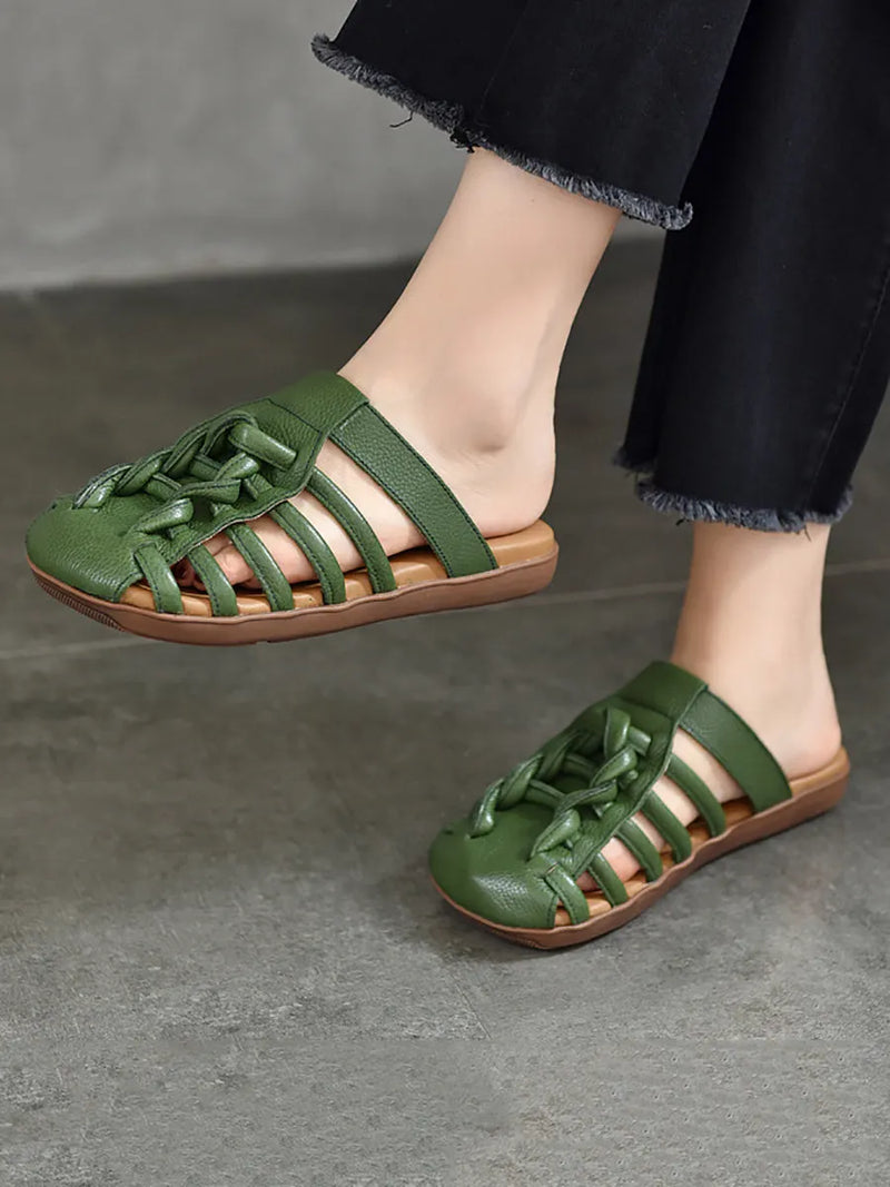 Summer Leather Spliced Flat Slippers Ui1025