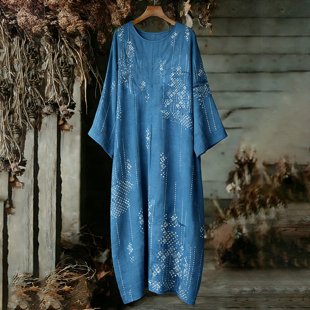 Japanese Artistic Line Sashiko Art Comfy Maxi Dress elevenforest