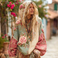 Women's Vintage Floral Patchwork Print Long Sleeve Hoodie elevenforest