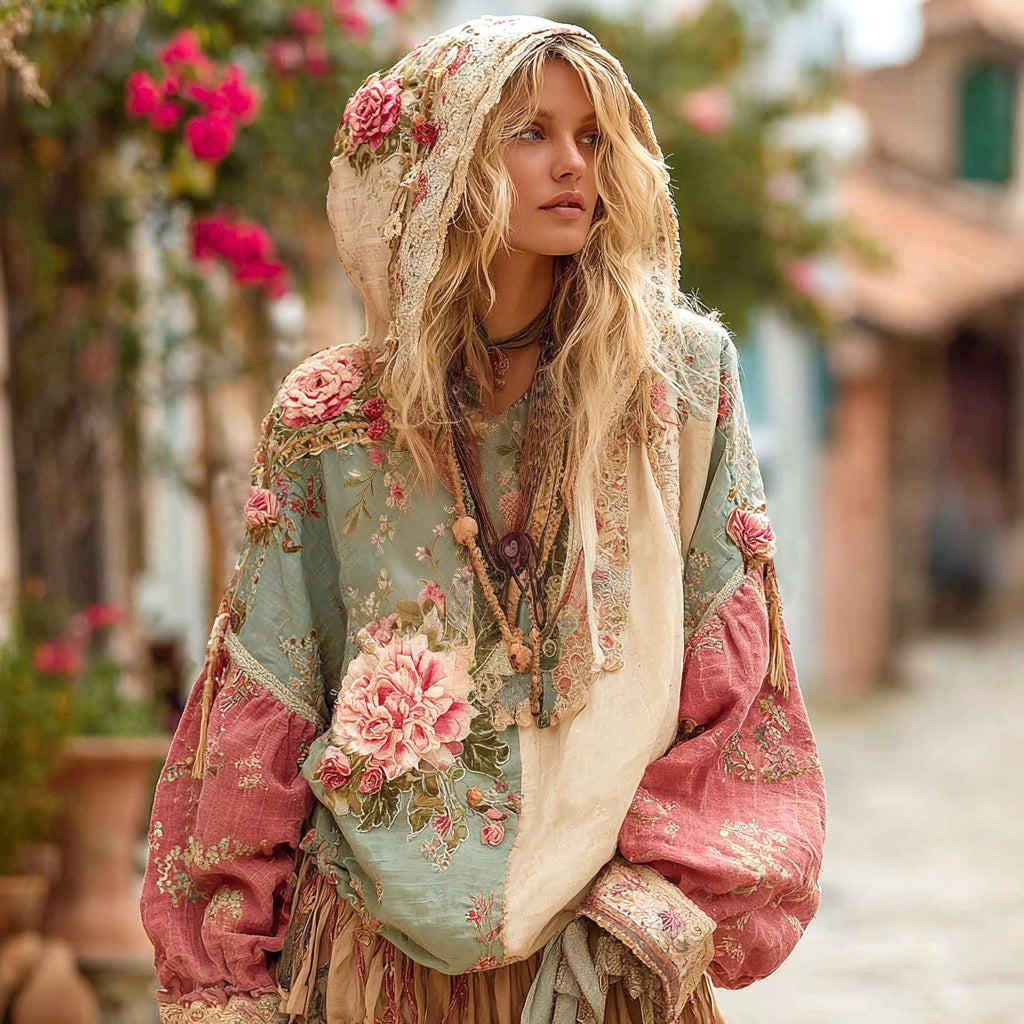 Women's Vintage Floral Patchwork Print Long Sleeve Hoodie elevenforest
