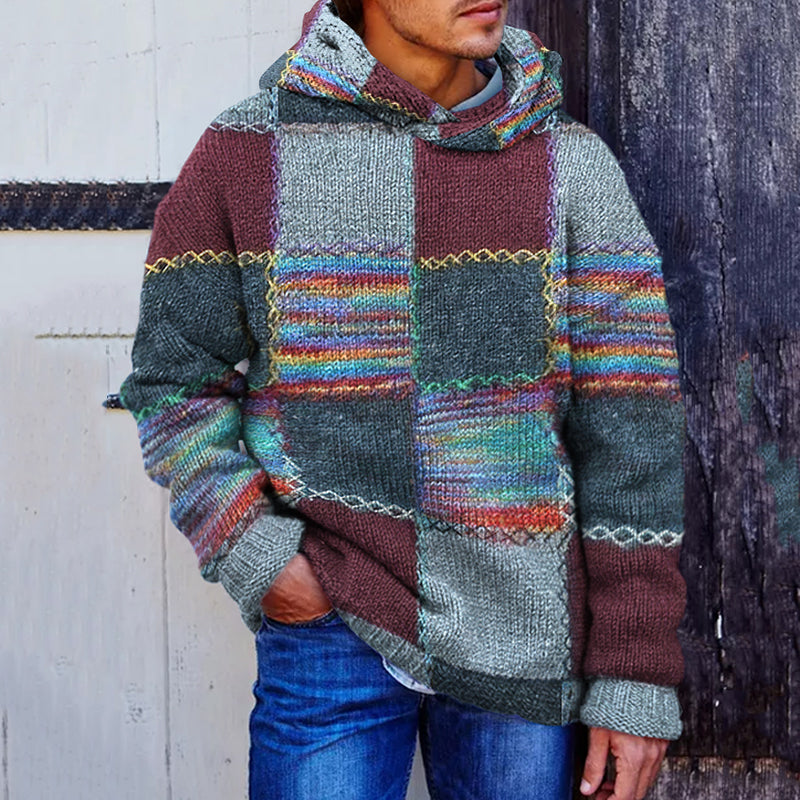 Men's Vintage Patchwork Cozy Hooded Sweater elevenforest