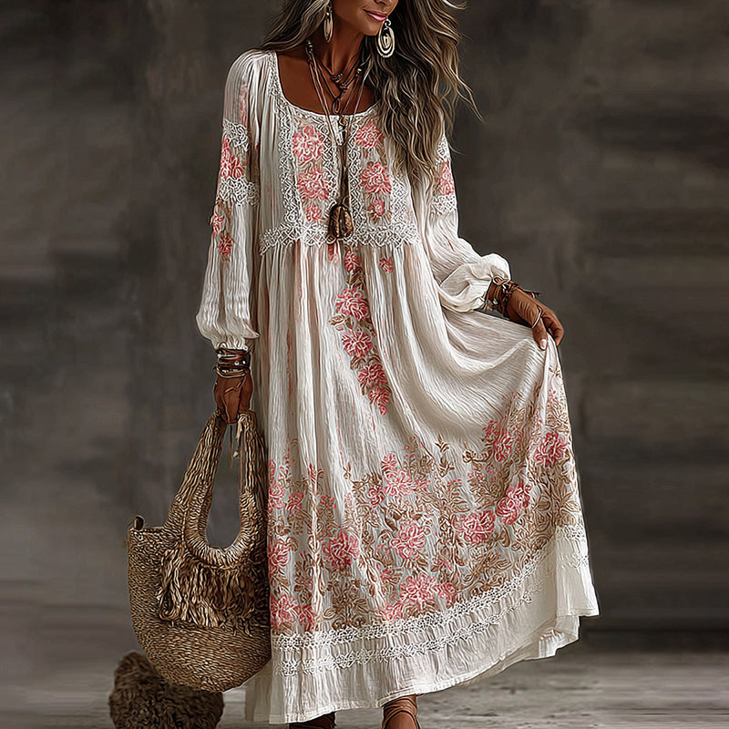 Women's Vintage Vacation Floral Art Flowy Linen Blend Casual Round Neck Long Sleeve Maxi Dress elevenforest