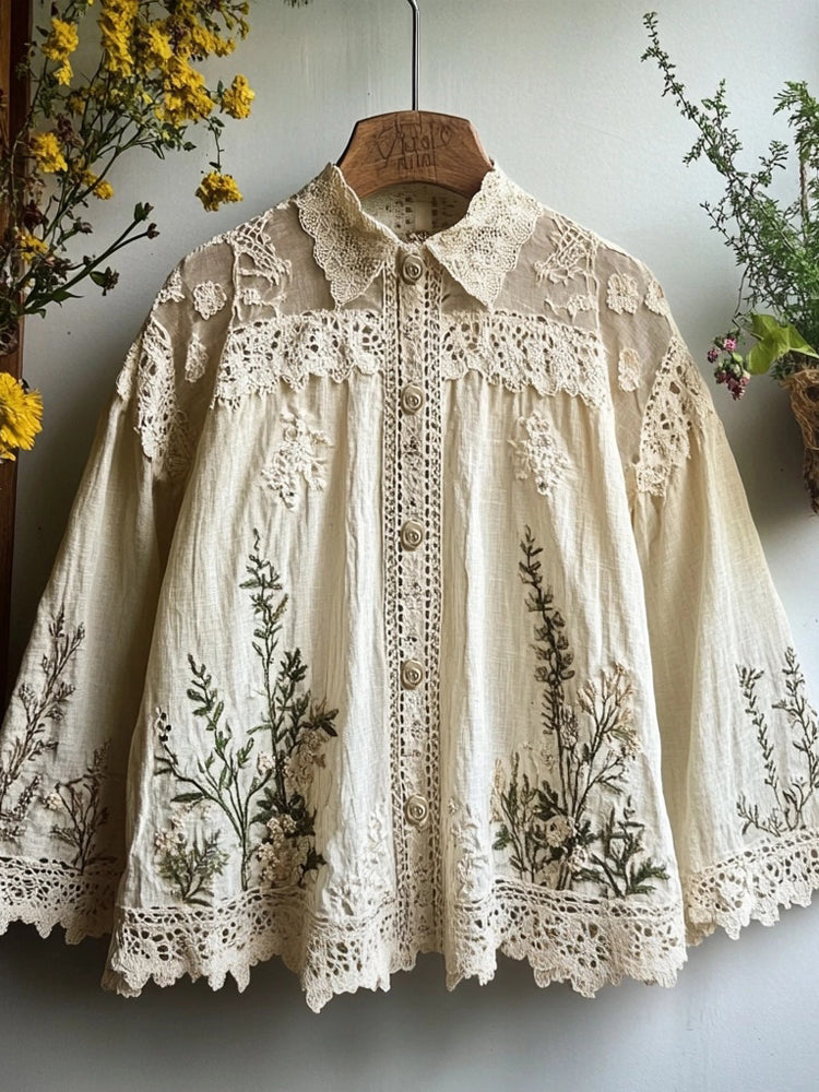 Vintage Floral Embroidered Linen Blend Lace Blouse elevenforest