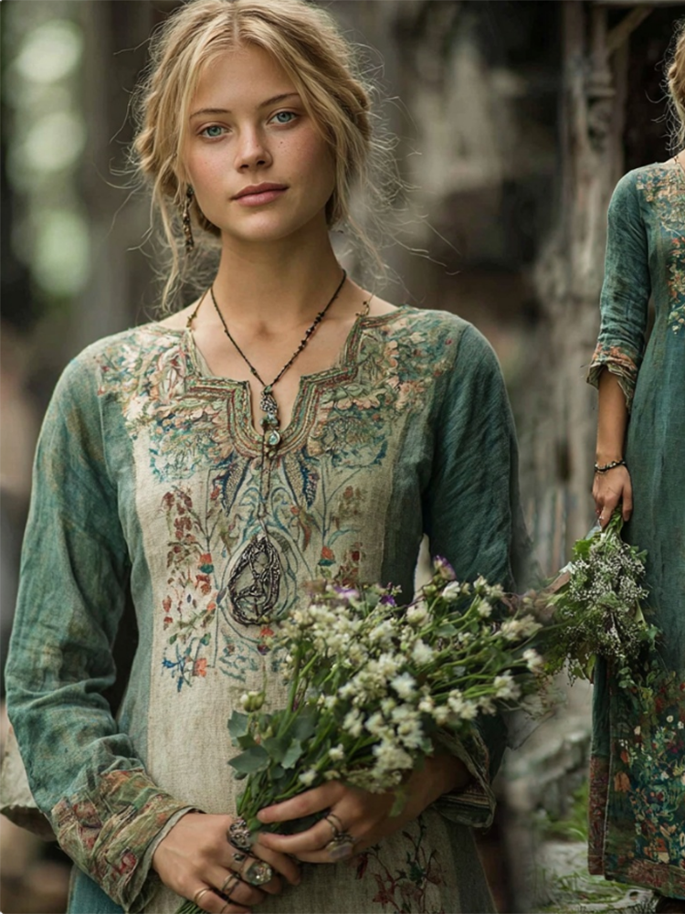 Bohemian Viking Celtic Myth Style Cotton And Linen Dress elevenforest
