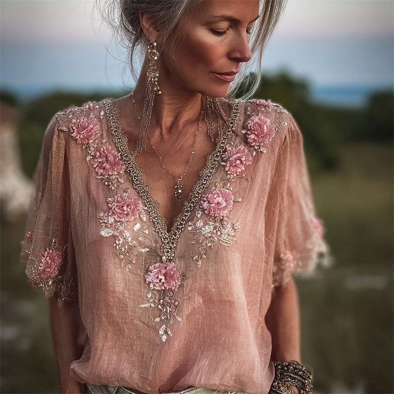 Vintage Pink Flowers Embroidered Lace Trim Flowy Linen Tunic elevenforest