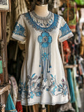 Women's Tribal Floral Casual Linen Short Sleeve Dress elevenforest