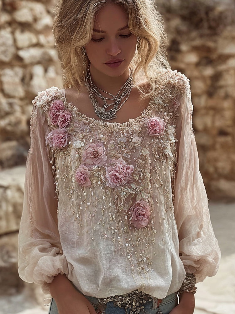 Vintage Pink Flowers Embroidered Long Sleeve Linen Tunic elevenforest