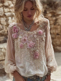Vintage Pink Flowers Embroidered Long Sleeve Linen Tunic elevenforest