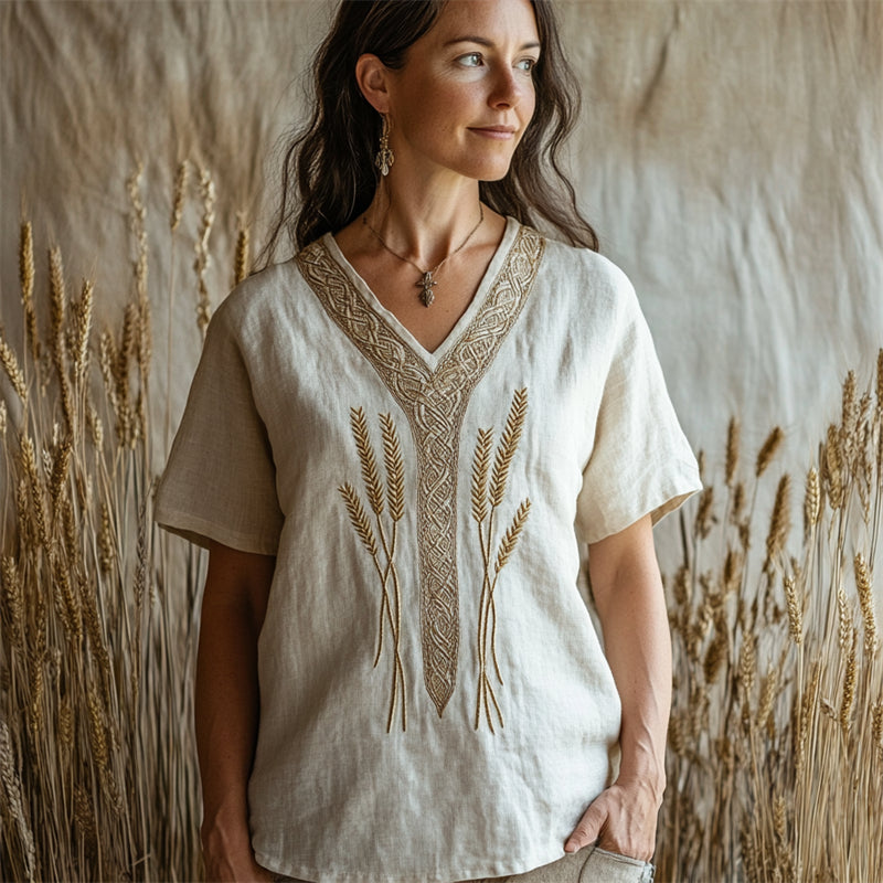 Lammas Wheat Embroidered Celtic Trim Linen Tunic elevenforest