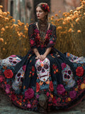 Day Of The Dead Sugar Skulls Roses Floral Flowy Maxi Dress elevenforest
