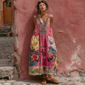 Women's Bohemian Floral Embroidery Art V-neck Sleeveless Linen Blend Midi Dress elevenforest