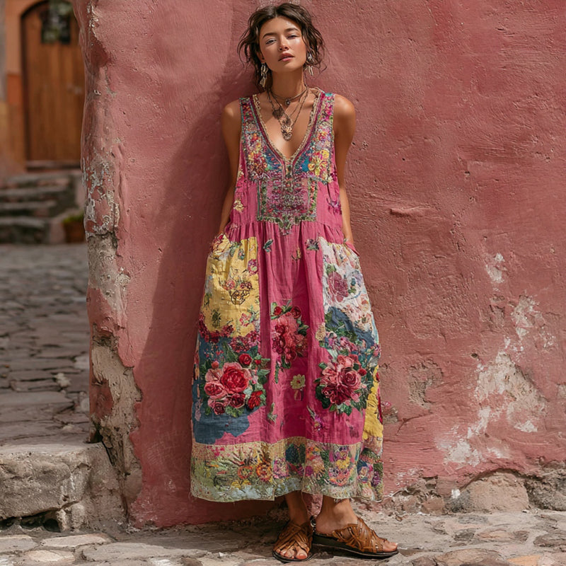 Women's Bohemian Floral Embroidery Art V-neck Sleeveless Linen Blend Midi Dress elevenforest