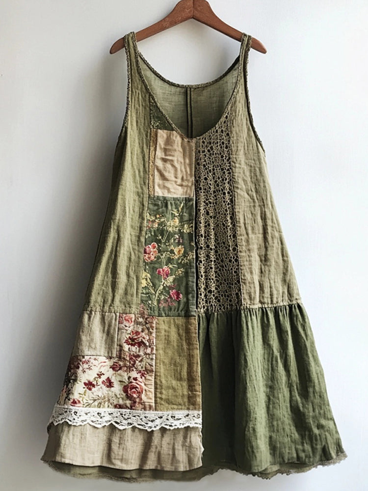 Vintage Floral Pattern Linen Blend Lace Patchwork Dress elevenforest