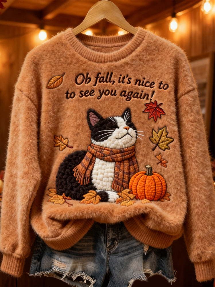 Comstylish Thanksgiving Pumpkin Cat Embroidered Women's Soft Fleece Sweater