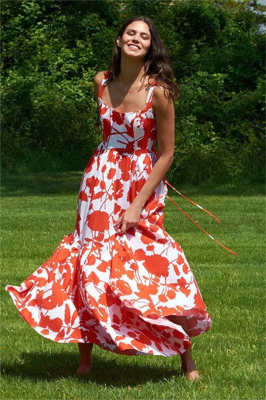 Sleeveless Square Collar Lace Up Maxi Dress