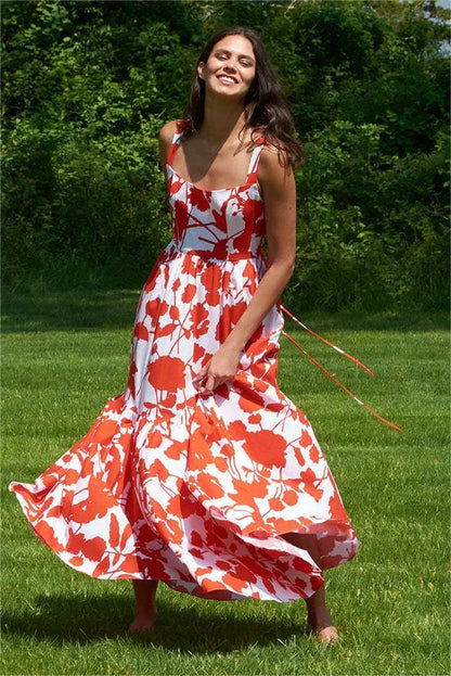 Sleeveless Square Collar Lace Up Maxi Dress