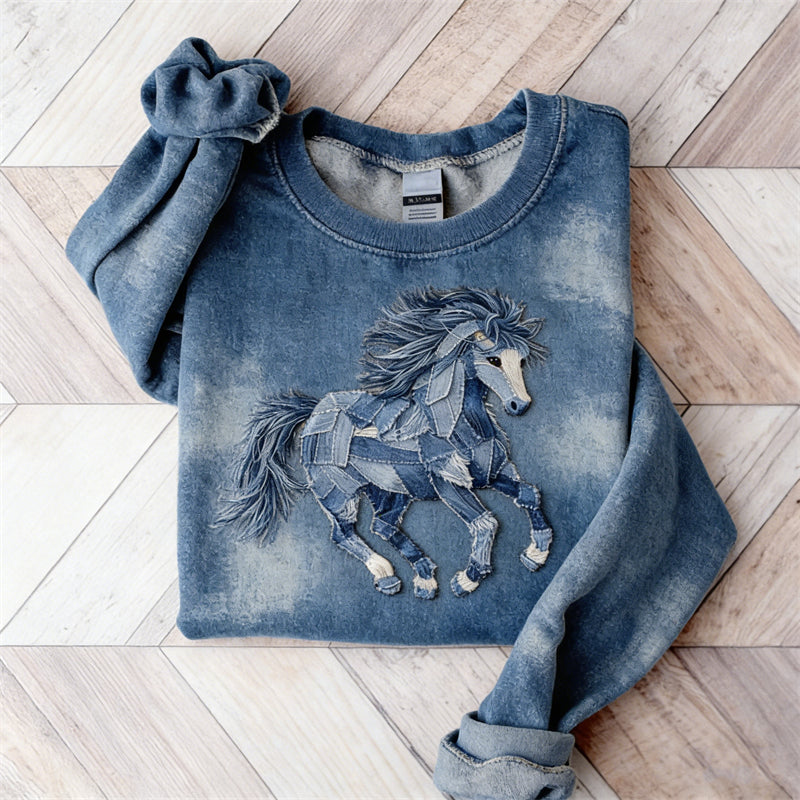 Comstylish Vintage Horse Denim Art Washed Sweatshirt