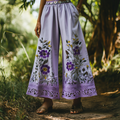 Vintage Purple Floral Lace Embroidered Cotton And Linen Wide-leg Pants elevenforest