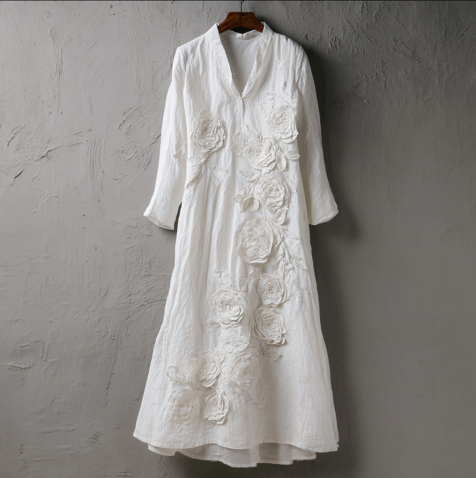 Bohemian Style Woman's V-neck White Rose Dress elevenforest