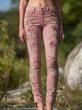 Vintage Pink Roses Embroidered Washed Skinny Jeans elevenforest