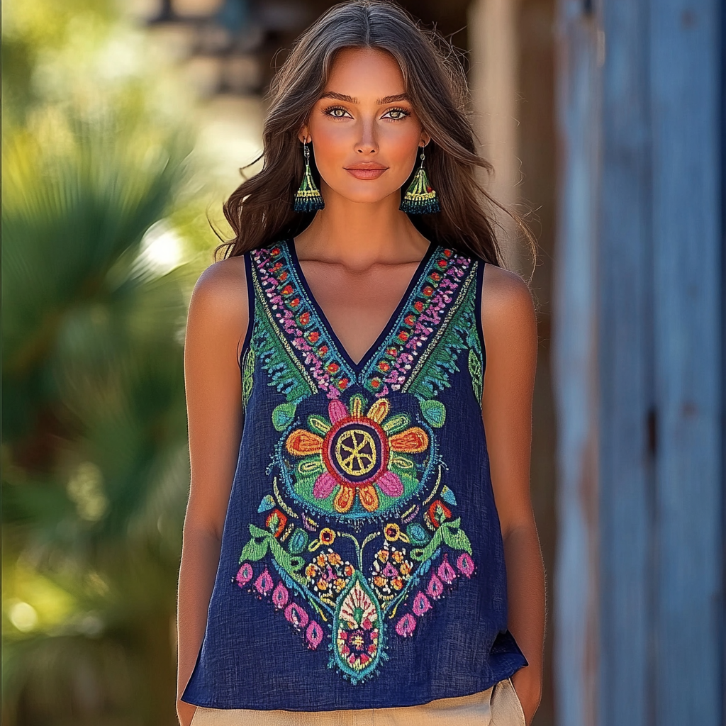 Women's Vintage Bohemian Art Linen Vest elevenforest