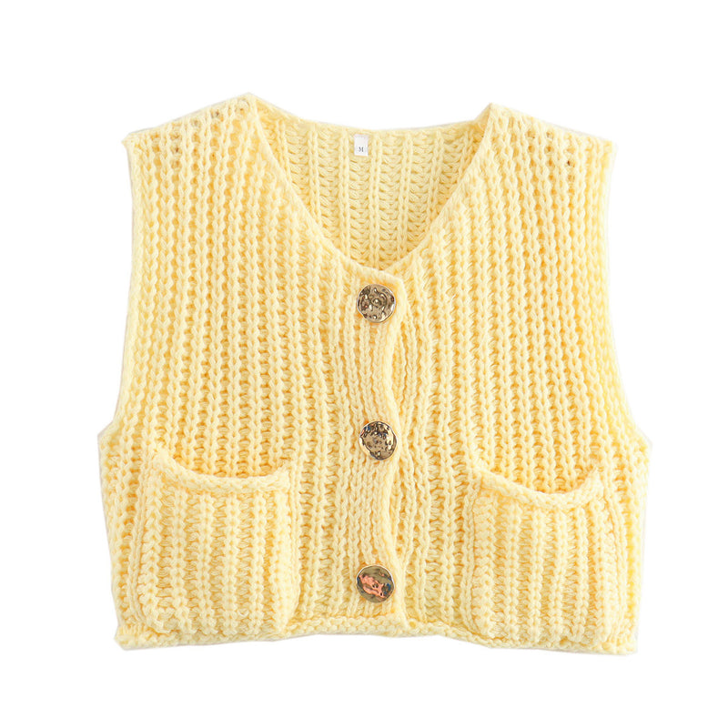 Large Buttons Color Knit Vest Cardigan